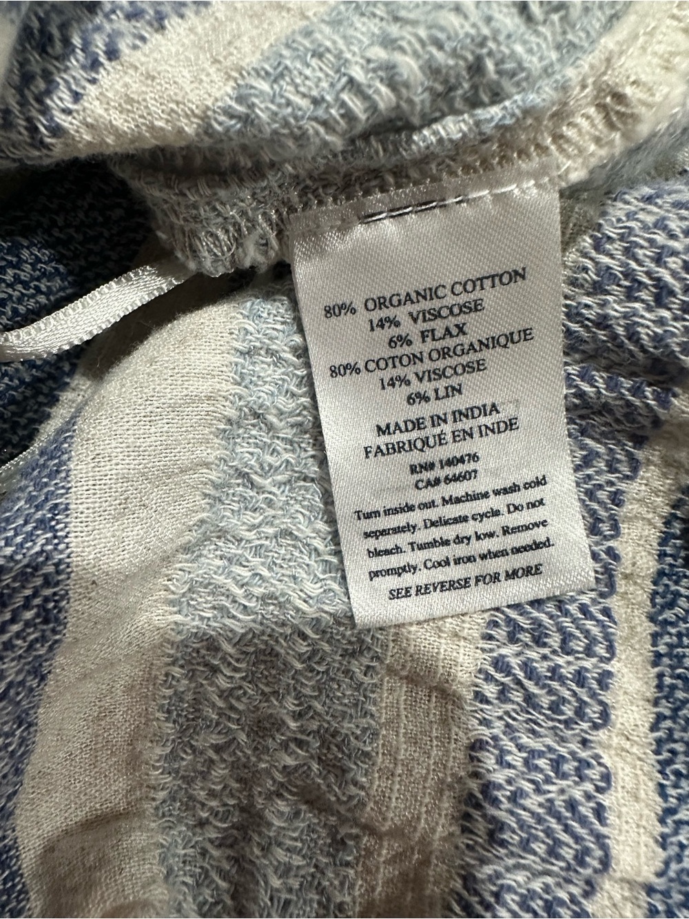 Faherty Organic Cotton Linen Blend Striped Peasant Top Blue Ivory Size Medium - Picture 6 of 6